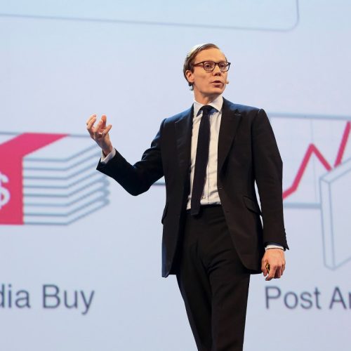 				Data expert Alexander Nix, CEO of Cambridge Analytica, speaks at the marketing fair 'Online Marketing Rockstars' (OMR)'in Hamburg, Germany, 3 March 2017. Photo by: Christian Charisius/picture-alliance/dpa/AP Images		
